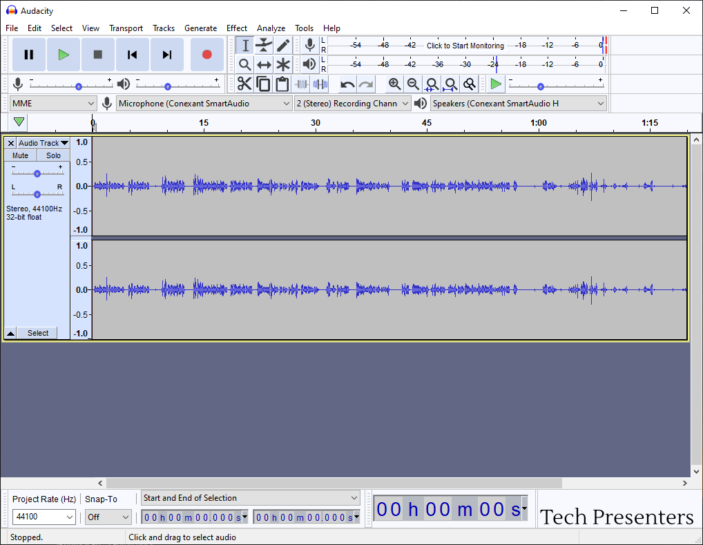 A recorded audio track in a free audio editing program.