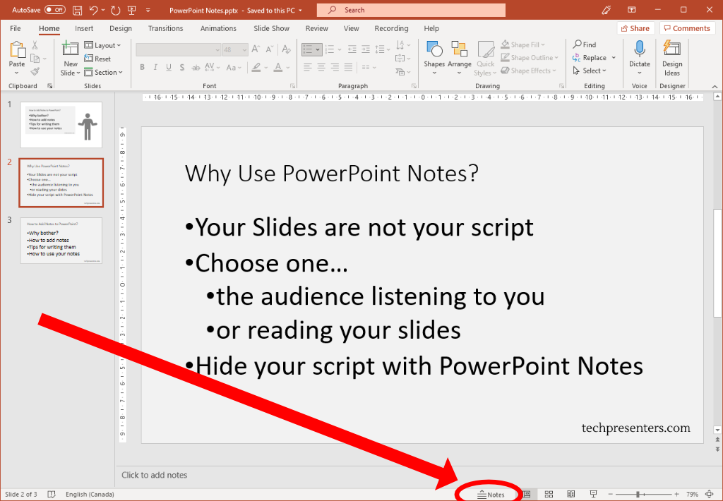 How to find the notes section in PowerPoint when you don't see it.