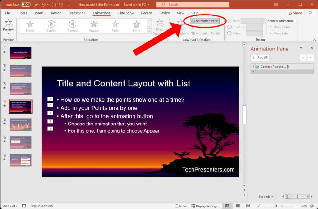 how to make your bullet points show one at a time in PowerPoint - go to your animations pane