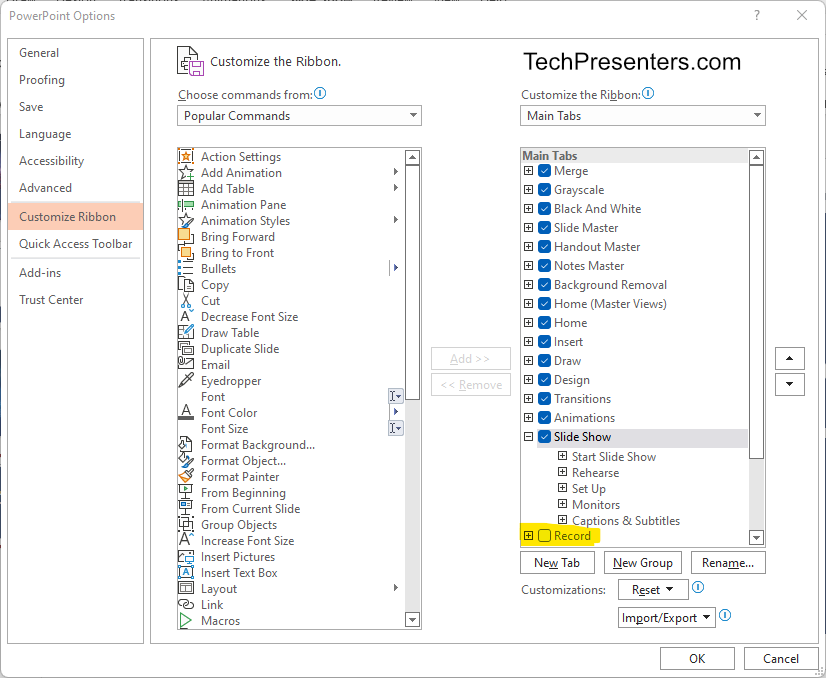 How to get the Record Menu and Ribbon in PowerPoint